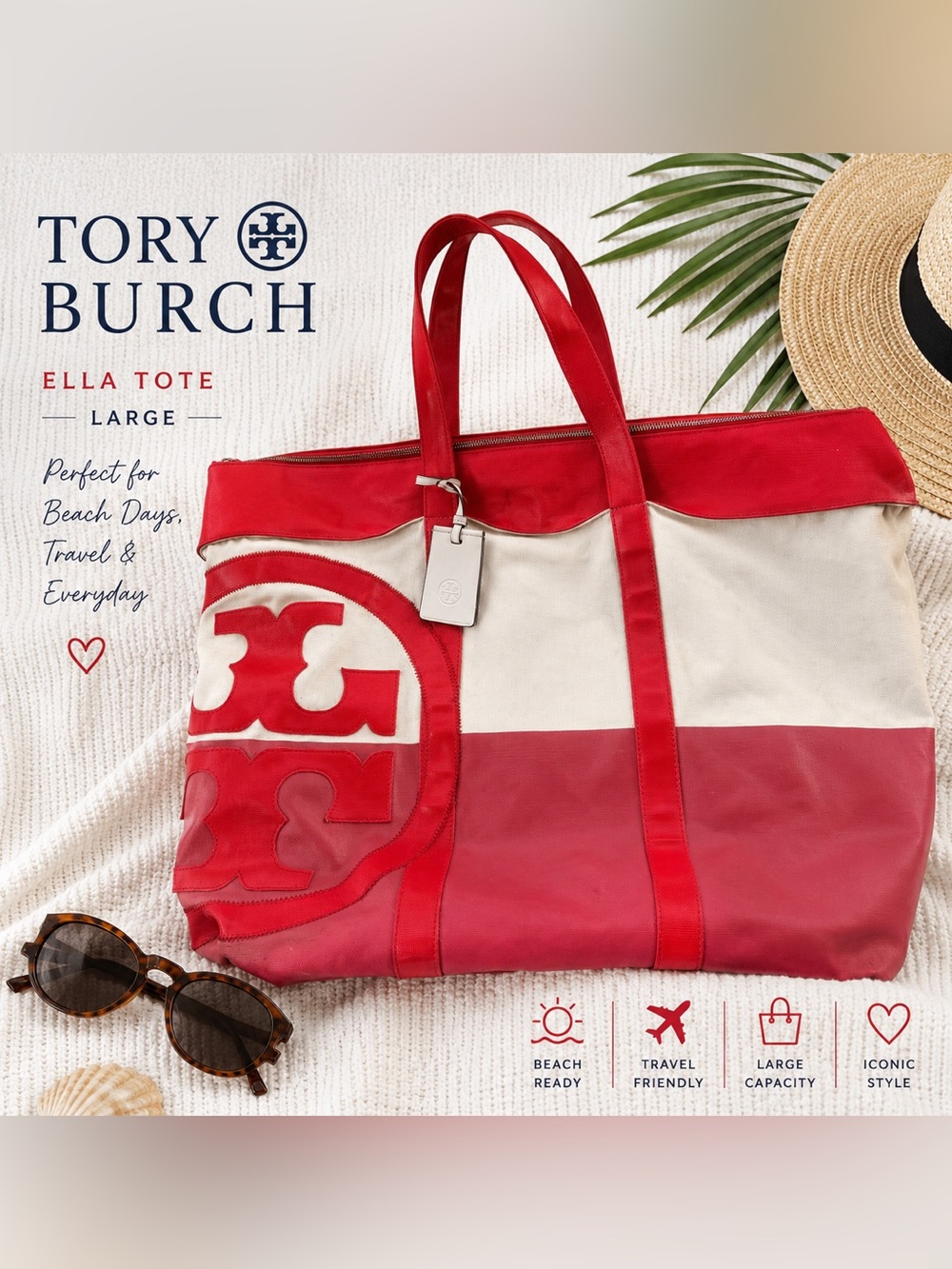 Tory Burch Ella Tote Red Canvas Beach Travel Bag Large Fair Condition